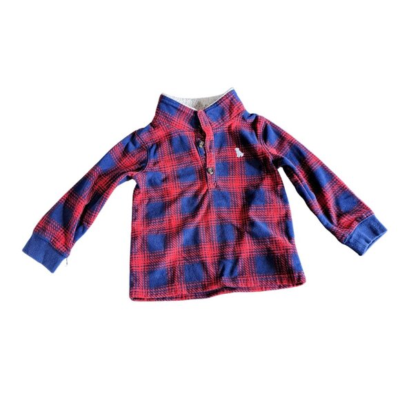 Carters Toddler 1/4 Snap Pullover 3T Red & Navy Plaid Fleece With Sherpa Lining - Picture 1 of 3